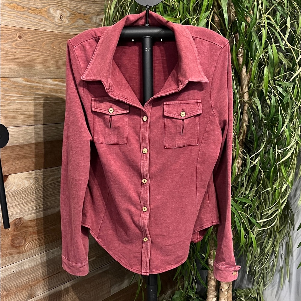 NWOT Bohemela dark red long sleeve button down top. Acid wash knit. XL